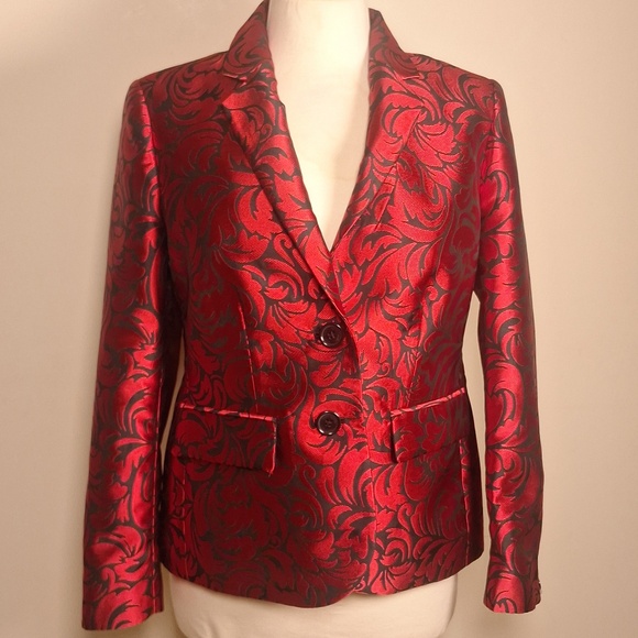 Kate Spad Flourish Swirl Brocade Blazer Black/Ripe Apple Size 4 - Picture 5 of 14